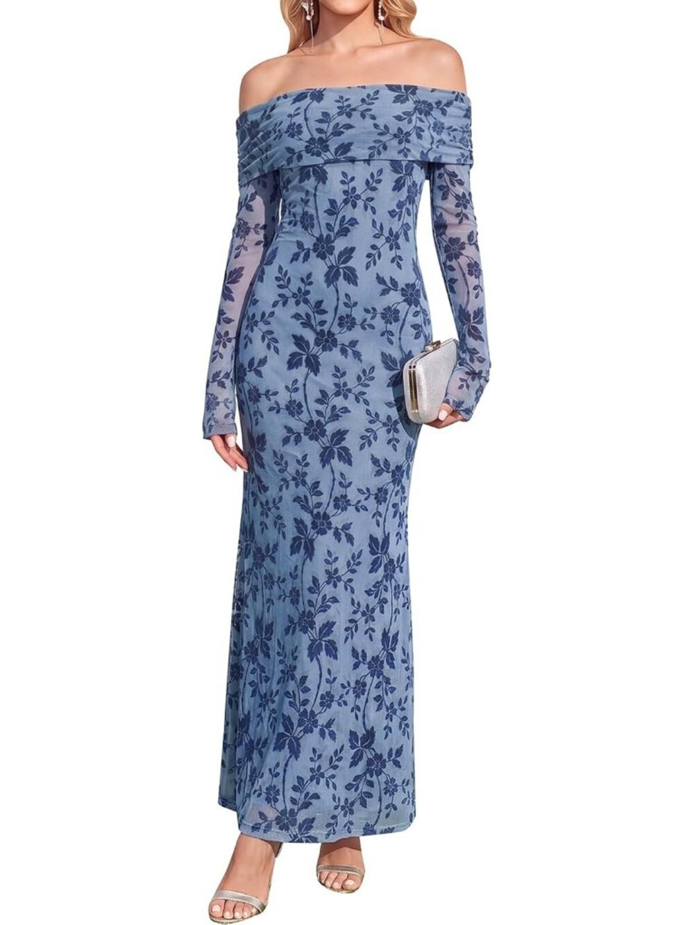 Women's Blue Floral Off Shoulder Long Sleeve Formal Wedding Guest Maxi Dresses